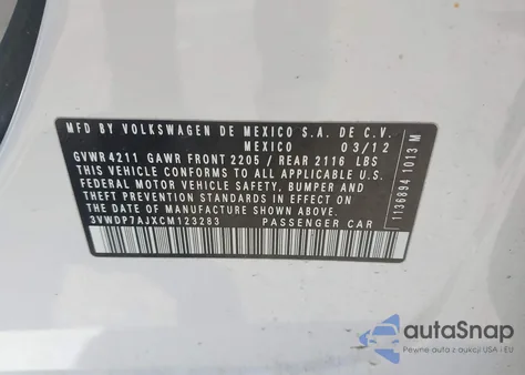 2012 Volkswagen Jetta 2.5L Se из США, поврежденный, VIN 3VWDP7AJXCM123283